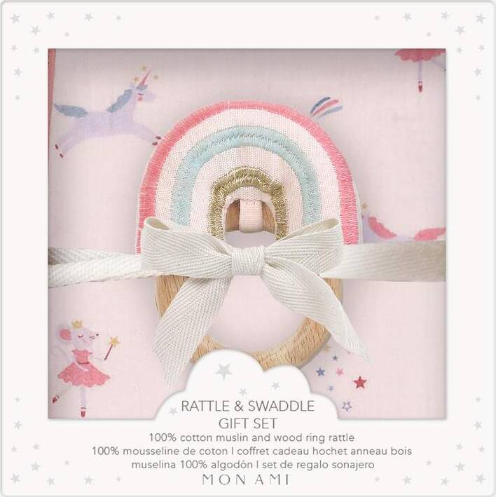 Chateau Magique Swaddle and Rainbow Rattle Gift Set